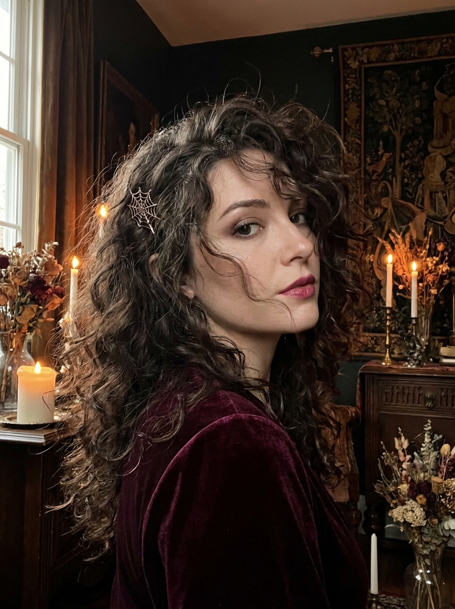 Voluminous Dark Curls als Halloween Frisuren für Frauen Inspiration 2026